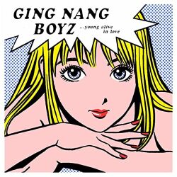 1girl album_cover arm_rest blonde_hair blue_background blue_eyes border colored_skin cover eguchi_hisashi english_text gingnangboyz group_name head_on_hand head_rest looking_at_viewer lowres nude official_art pink_skin portrait red_lips red_nails screentones second-party_source solo white_border