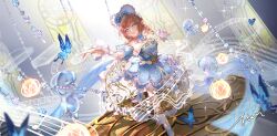 1girl absurdres argyle_clothes argyle_sleeves bare_shoulders blue_bow blue_bowtie blue_butterfly blue_dress blue_eyes blue_sleeves bonnet bow bowtie bug butterfly castle character_profile chinese_commentary classic_lolita closed_mouth collar commentary_request corset cross-laced_armwear curly_hair dancing detached_collar detached_sleeves doll dress drill_hair earrings eyelashes faewish_sprite footwear_bow fortissimo frilled_arm_warmers frilled_collar frilled_dress frills full_body hair_bow hair_ornament heart-shaped_bonnet high_heels highres in-universe_location indoors infinity_nikki insect jewelry light_particles lipstick lolita_fashion long_dress long_hair makeup miyouer multiple_hat_bows musical_note musical_note_hair_ornament musical_staff necklace nikki_(series) orange_hair puffy_short_sleeves puffy_sleeves pumps red_lips see-through_clothes see-through_dress shoes short_sleeves signature smile solo stained_glass stairs star_(symbol) star_print strapless strapless_dress timeless_melody_(infinity_nikki) white_arm_warmers white_bonnet white_collar white_corset white_shoes