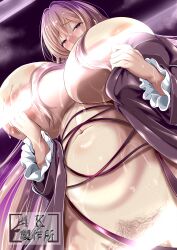 1girl absurdres black_dress blush breast_lift breasts brown_hair brown_pubic_hair commentary_request cowboy_shot dress female_pubic_hair from_below gradient_hair hair_between_eyes heart heart-shaped_pupils highres hijiri_byakuren huge_breasts light_censor long_hair looking_at_viewer looking_down multicolored_hair navel nipples nose_blush open_clothes open_dress pubic_hair purple_background purple_eyes purple_hair sika_(kakakaka) solo sweat symbol-shaped_pupils touhou