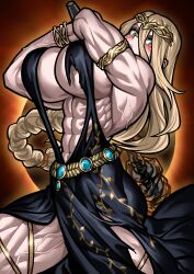 Rule 34 | abs, absurdres, belt, black dress, black sky, blush, breasts, dress, eclipse, elden ring, embroidered dress, highres, holding, holding mace, holding weapon, large breasts, long braid, long hair, looking at viewer, mace, muscular, muscular female, queen marika the eternal, sky, sleeveless, sleeveless dress, thick thighs, thighs, tiara, torn clothes, underboob, veins, veiny arms, veiny thighs, weapon, yellow eyes, yotaro