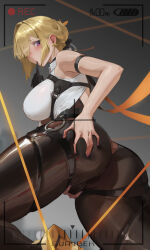 1girl arm_strap ass bare_shoulders blonde_hair blush breasts collared_shirt evelyn_chevalier from_behind grabbing_own_ass hair_over_one_eye highres large_breasts long_hair purple_eyes shirt sidelocks skindentation suayber thigh_strap turtleneck turtleneck_shirt viewfinder white_shirt zenless_zone_zero