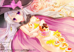1girl :o artist_name ayachi_nene blush bow breasts cake candy cape cherry chocolate chocolate_heart collar commentary convenient_censoring cream crossed_arms cupcake dated english_commentary english_text floral_background flower food food_on_body fruit grey_hair hair_ribbon hat hat_bow hat_ribbon heart leaf long_hair looking_at_viewer lying medium_breasts mint naked_cape nyotaimori on_back photoshop_(medium) pink_bow purple_eyes revision ribbon rose sanoba_witch solo strawberry striped_bow sxbzero witch_hat