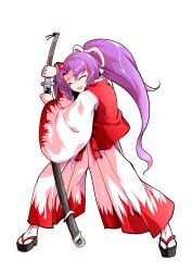 Rule 34 | 1girl, alphes (style), closed eyes, commentary request, curtained hair, dairi, flame print, full body, hair ribbon, hakama, hakama pants, high ponytail, highres, holding, holding sheath, holding sword, holding weapon, japanese clothes, katana, large variant set, legs apart, long hair, long sleeves, meira (touhou), okobo, open mouth, pants, parody, platform sandals, ponytail, print pants, print sleeves, purple hair, red vest, ribbon, sandals, sheath, simple background, socks, solo, standing, style parody, sword, tabi, tachi-e, tearing up, touhou, touhou (pc-98), transparent background, unsheathing, variant set, very long hair, vest, weapon, white hakama, white pants, white ribbon, white socks, wide sleeves