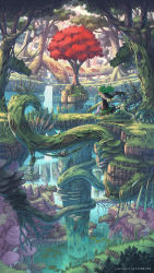 1girl arch artist_name beads black_dress black_hair breasts bug commentary_request creature day dress egg facing_away falling_leaves fantasy forest glowing grass hand_up highres holding holding_stick lake leaf leaf_on_head long_dress long_hair mushroom nagi_itsuki nature nest original outdoors plant prayer_beads red_shoes road rock scenery shoes sideboob solo spot_color standing stick straight_hair terrace tree tree_hollow very_long_hair vines water waterfall wind