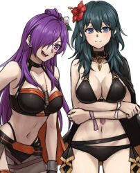 2girls bikini black_bikini blue_eyes blue_hair breasts crossed_arms female_byleth_(fire_emblem) female_byleth_(summer)_(fire_emblem) female_shez_(fire_emblem) female_shez_(summer)_(fire_emblem) fire_emblem fire_emblem:_three_houses fire_emblem_heroes fire_emblem_warriors:_three_hopes flower hair_bun hair_flower hair_ornament hair_over_one_eye hibiscus highres jewelry large_breasts multiple_girls necklace nintendo official_alternate_costume open_mouth single_hair_bun smile swimsuit thigh_gap zuzu_(ywpd8853)