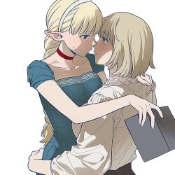 2girls black_pants blue_dress book braid braided_ponytail breasts choker collarbone commentary_request dress dungeon_meshi elf embarrassed falin_touden falin_touden_(tallman) grey_hair hairband holding holding_book hug korean_commentary large_breasts long_hair long_sleeves looking_at_another mahittah marcille_donato medium_hair multiple_girls open_book pants pointy_ears red_choker shirt shirt_tucked_in short_sleeves smile sweatdrop white_hairband white_shirt yellow_eyes yuri