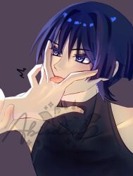1boy ^^^ abiodeu black_bodysuit blunt_ends bodysuit bright_pupils covered_collarbone curled_fingers disembodied_hand fingernails genshin_impact grabbing_another&#039;s_arm hand_up licking_another&#039;s_hand looking_at_another looking_to_the_side male_focus purple_background purple_eyes purple_hair scaramouche_(genshin_impact) tongue tongue_out tsurime upper_body wanderer_(genshin_impact) white_pupils wispy_bangs