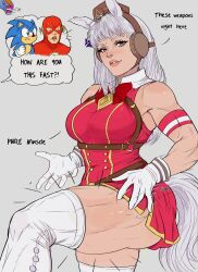 1girl absurdres alternate_muscle_size animal_ears bow breasts burter dc_comics dragon_ball dragonball_z ear_bow gold_ship_(umamusume) harness highres horse_ears horse_girl horse_tail lips looking_at_viewer medium_breasts muscular muscular_female o-ring o-ring_harness pillbox_hat red_eyes sonic_(series) sonic_the_hedgehog surprised tail the_flash thick_thighs thighs umamusume yoracrab