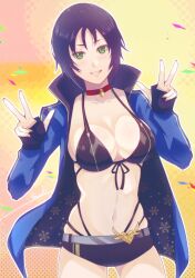 1girl belt bikini bikini_under_clothes black_hair black_shorts blue_jacket blush breasts choker cleavage collarbone corner50777313 cowboy_shot double_v front-tie_bikini_top front-tie_top green_eyes heart highleg highleg_bikini highres jacket large_breasts lock looking_at_viewer marie_(persona_4) navel open_clothes open_jacket parted_lips persona persona_4 persona_4_the_golden red_choker short_hair short_shorts shorts smile solo stomach swimsuit v