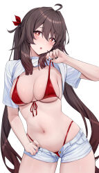 Rule 34 | 1girl, absurdres, ahoge, alternate costume, bikini, bikini top pull, bikini top under shirt, bikini under shorts, black nails, blush, breasts, brown eyes, brown hair, cleavage, clothes lift, commentary request, cowboy shot, fingernails, flower-shaped pupils, front-tie bikini top, front-tie top, genshin impact, hair between eyes, head tilt, highres, hu tao (genshin impact), large breasts, lifting own clothes, long hair, looking at viewer, nail polish, navel, open clothes, open mouth, open shorts, pulling own clothes, rosumerii, shirt, shirt lift, short shorts, short sleeves, shorts, simple background, solo, stomach, swimsuit, symbol-shaped pupils, teeth, thighs, twintails, upper teeth only, white background, white shirt