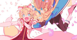 alternate_costume animal_ears bandaid bandaid_hair_ornament black_pants blonde_hair blue_eyes boots coat dog_ears dog_tail falling_petals fang fuwawa_abyssgard glasses hair_ornament highres hololive hololive_english hug long_hair looking_at_viewer looking_over_eyewear mococo_abyssgard open_mouth outstretched_arms pako_(pakosun) pants petals pink_coat red-framed_eyewear simple_background skin_fang smile tail virtual_youtuber white_background white_boots x_hair_ornament