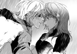 1boy 1girl absurdres armor breasts cape cleavage clothing_cutout commentary_request dimitri_alexandre_blaiddyd dimitri_alexandre_blaiddyd_(timeskip) eyelashes eyepatch female_byleth_(enlightened)_(fire_emblem) female_byleth_(fire_emblem) fire_emblem fire_emblem:_three_houses fur_trim greyscale hair_behind_ear highres korean_commentary looking_at_another medium_hair monochrome nintendo one_eye_covered parted_lips profile rain real_dog_plate shrug_(clothing) sketch upper_body wet wet_hair