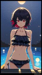 1girl bare_shoulders bikini black_bikini black_hair collarbone ellen_joe fins fish_tail frilled_bikini frilled_bikini_top frills looking_at_viewer medium_hair multicolored_hair navel ocean pixel_art red_hair shaachi shark_girl shark_tail sky solo standing stomach swimsuit tail thigh_gap zenless_zone_zero