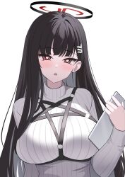 1girl black_hair blue_archive blush ecila_(cookie0q0) halo harness long_hair red_hair rio_(blue_archive) shirt simple_background solo sweater tablet_pc upper_body white_shirt white_sweater