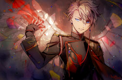 1boy black_jacket blue_eyes commentary dated earrings english_commentary epaulettes grey_hair hand_up jacket jewelry long_sleeves male_focus matsunaka_hiro original red_nails short_hair signature smile solo upper_body white_wings wings