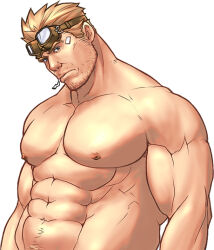 1boy abs bandaid bandaid_on_face bara bare_pectorals beard_stubble biceps blonde_hair cid_highwind cigarette closed_mouth collarbone commentary_request facial_hair final_fantasy final_fantasy_vii goggles goggles_on_head looking_at_viewer magnum_feering male_focus muscular muscular_male navel nipples pectorals smoking stubble topless_male upper_body white_background