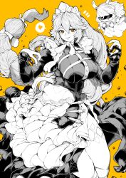 1girl absurdres alexandrina_sebastiane breasts dress greyscale_with_colored_background heart highres juliet_sleeves large_breasts long_hair long_sleeves looking_at_viewer maid maid_headdress open_mouth puffy_sleeves side_slit smile solo spoken_heart very_long_hair yellow_background yellow_eyes yotsumi_shiro zenless_zone_zero