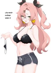 1girl absurdres artist_name bare_shoulders bespectacled black_bra black_panties black_ribbon black_shorts blush bow bow_bra bra breasts collarbone commentary cowboy_shot dolphin_shorts earrings english_commentary glasses green_eyes hair_ornament hair_ribbon hairclip hand_up heart heart_earrings highres holding holding_panties holding_underwear holding_unworn_clothes jewelry lace lace_bra large_breasts large_variant_set long_hair looking_at_viewer mole mole_on_breast mole_on_thigh mole_under_eye multicolored_nails multiple_moles nail_polish navel nicole_demara no_shirt open_mouth panties penguin_uwu pink_hair pink_nails purple_nails ribbon shorts simple_background smile solo stomach translation_request twintails underwear unworn_panties variant_set white_background yellow_nails zenless_zone_zero