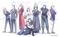 2girls 6+boys adjusting_clothes adjusting_headwear aerith_gainsborough angeal_hewley aqua_eyes armor arms_around_neck baggy_pants bare_arms belt bindi black_footwear black_hair black_jacket black_pants black_suit blonde_hair blue_shirt book bow braid braided_ponytail breasts brown_eyes brown_hair cissnei closed_eyes crisis_core_final_fantasy_vii crossed_arms dress final_fantasy final_fantasy_vii flower flower_basket formal_clothes full_body genesis_rhapsodos glasses green_eyes grey_hair hair_between_eyes hair_bow hair_pulled_back hands_on_own_hips highres holding holding_book holding_flower jacket lazard_deusericus leaning_forward long_hair long_jacket medium_breasts medium_hair multiple_boys multiple_girls necktie one_eye_closed open_mouth pants parted_bangs pink_bow pink_flower ponytail sephiroth shirt short_hair shoulder_armor sleeveless sleeveless_turtleneck sleeves_rolled_up smile spiked_hair square_enix squatting standing suit sundress suspenders t3_(19841230) tseng turks_(ff7) turtleneck twitter_username white_background white_dress white_pants white_shirt