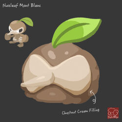 arrow_(symbol) artist_logo artist_name character-themed_food character_name food food_focus food_name gen_3_pokemon grey_background highres logo mont_blanc_(food) nintendo no_humans nuzleaf pokemon pokemon_(creature) simple_background yuki00yo