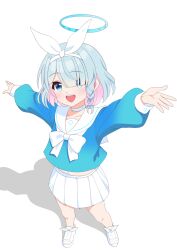 Rule 34 | 1girl, :d, aqua hair, aqua halo, aqua shirt, arona (blue archive), bare legs, bilingual commentary, blue archive, blue eyes, blunt bangs, bow, bow hairband, bowtie, braid, choker, collarbone, colored inner hair, cropped shirt, from above, full body, hair over one eye, hairband, halo, highres, light blush, long sleeves, looking at viewer, medium hair, midriff peek, mixed-language commentary, multicolored hair, open mouth, outstretched arms, pink hair, pleated skirt, puffy long sleeves, puffy sleeves, sailor collar, shadow, shirt, shoes, side braid, skirt, smile, sneakers, solo, spread arms, teeth, two-tone hair, upper teeth only, white background, white bow, white bowtie, white choker, white hairband, white sailor collar, white shoes, white skirt, yumespage