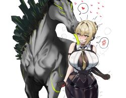 1girl anger_vein asymmetrical_gloves belt black_belt black_gloves blonde_hair blush braid breasts bursting_breasts character_name character_request collared_shirt commentary copyright_request cowboy_shot gloves gold_trim hair_between_eyes hair_intakes heart highres horse huge_breasts impossible_clothes impossible_shirt licking licking_another&#039;s_face necktie neoxius pink_eyes shirt sidelocks simple_background skindentation sleeveless sleeveless_shirt spoken_anger_vein studded_choker symbol-only_commentary thick_thighs thighs white_background