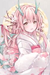 1girl 2024 absurdres back_bow bell blush bow branch cherry_blossoms chinese_zodiac dragon_girl dragon_horns dragon_tail falling_petals floral_print floral_print_kimono flower full_moon green_ribbon hair_between_eyes hair_branch highres holding holding_flower horns japanese_clothes jingle_bell kimono light_smile long_hair looking_at_viewer mole mole_under_eye moon obi original petals pink_bow pink_hair pink_ribbon pink_sash print_kimono ribbon sash sidelocks slit_pupils snowflakes solo tail thick_eyelashes twitter_username white_kimono year_of_the_dragon yellow_eyes yuki_(yuki_no_42)