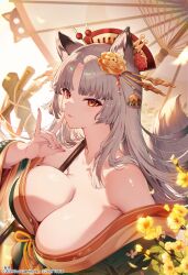 1girl animal_ear_fluff animal_ears breasts commentary copyright_name english_commentary flower fox_ears fox_girl fox_shadow_puppet fox_tail green_kimono grey_hair hair_flower hair_ornament hand_up highres huge_breasts japanese_clothes kat_(bu-kunn) kimono logo long_hair looking_at_viewer mahjong_soul off_shoulder official_art oil-paper_umbrella orange_eyes parted_lips second-party_source smile solo tail tojo_kurone umbrella upper_body watermark