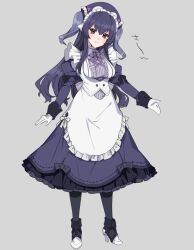 1girl apron black_pantyhose bow bowtie breasts brown_eyes closed_mouth dress framed_breasts frilled_apron frills full_body gen_8_pokemon gloves grey_background high_heels indeedee indeedee_(female) juliet_sleeves katagiri_hachigou long_hair long_sleeves medium_breasts mole mole_under_eye nintendo pantyhose personification pokemon puffy_sleeves purple_bow purple_bowtie purple_hair simple_background sleeve_cuffs smile solo standing two_side_up white_apron white_gloves