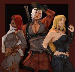 1boy belt black_gloves blue_eyes braid breasts closed_mouth coat crop_top dante_(devil_may_cry) dark-skinned_female dark_skin devil_may_cry devil_may_cry_(series) devil_may_cry_2 fingerless_gloves gloves hair_over_one_eye hejee highres long_hair lucia_(devil_may_cry) midriff multiple_girls navel pants pinstripe_pants pinstripe_pattern red_hair short_hair silver_lips simple_background trish_(devil_may_cry) weapon white_hair