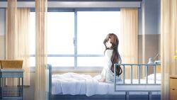 1girl bed blue_pants brown_eyes brown_hair casual curtains fukuda_tomonori game_cg highres hospital hospital_bed indoors long_hair long_sleeves looking_at_viewer looking_back non-web_source official_art on_bed pants robotics;notes robotics;notes_dash senomiya_akiho senomiya_misaki shirt sitting solo very_long_hair white_shirt window worried
