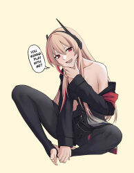 1girl armband artist_name black_jacket blonde_hair commentary english_commentary english_text full_body girls&#039;_frontline hair_between_eyes hand_on_own_chin headgear highres jacket long_hair looking_at_viewer m4_sopmod_ii_(girls&#039;_frontline) matsu_arts multicolored_hair no_shoes open_mouth red_armband red_eyes red_hair single_off_shoulder sitting solo speech_bubble stirrup_legwear streaked_hair toeless_legwear toes twitter_username
