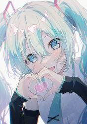 1girl 39 aqua_eyes aqua_nails aqua_necktie black_sleeves commentary detached_sleeves grey_shirt hair_between_eyes hair_ornament hatsune_miku hatsune_miku_(vocaloid4) heart heart_hands highres long_hair looking_at_viewer miku_day nail_polish necktie necojishi open_mouth shirt simple_background sleeveless sleeveless_shirt solo twintails v4x very_long_hair vocaloid white_background