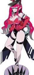 1girl animal_ears baobhan_sith_(fate) black_leotard blush breasts cleavage earrings elbow_gloves fake_animal_ears fate/grand_order fate_(series) full_body gloves grey_eyes hand_on_own_hip high_heels highres jewelry legs leotard long_hair looking_at_viewer multicolored_leotard pink_hair pink_leotard puti_tomato19 rabbit_ears rabbit_tail red_gloves smile solo tail thigh_strap two-tone_leotard white_background
