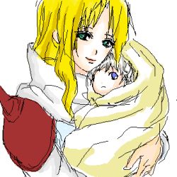1990s_(style) age_difference baby blonde_hair blue_eyes ceodore_harvey final_fantasy final_fantasy_iv final_fantasy_iv:_the_after_years green_eyes lowres mother_and_baby mother_and_son oekaki pontaouka retro_artstyle rosa_farrell silver_hair