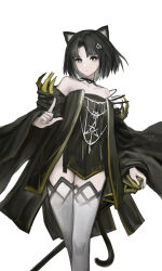1girl absurdres animal_ears arknights bare_shoulders black_choker black_dress black_hair bright_pupils brown_eyes cane cat_ears cat_girl cat_tail chinese_commentary choker closed_mouth commentary_request dress feet_out_of_frame grey_thighhighs highres index_finger_raised long_sleeves looking_at_viewer making-of_available mandragora_(arknights) off-shoulder_dress off_shoulder parted_bangs short_hair simple_background solo standing tail thighhighs white_background wide_sleeves yitai_zhi_meng zettai_ryouiki
