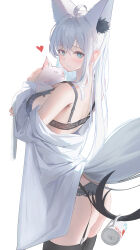 1girl absurdres ahoge animal animal_ear_fluff animal_ears aqua_eyes black_bra black_panties black_thighhighs bra cat closed_mouth commentary cup double-parted_bangs dress_shirt extra_ears fox_ears fox_girl fox_tail garter_straps hair_between_eyes highres holding holding_animal hololive lace lace-trimmed_bra lace-trimmed_panties lace_trim light_smile long_hair looking_at_viewer off_shoulder oversized_clothes oversized_shirt panties shirakami_fubuki shirt sidelocks simple_background solo tail tanishi_(hetianming11093) thighhighs underwear very_long_hair virtual_youtuber white_background white_hair white_shirt