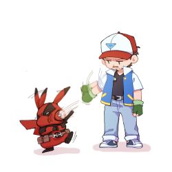 2boys animal_ears animification ash_ketchum ash_ketchum_(cosplay) avengers_(series) baseball_cap belt black_bodysuit black_footwear black_shirt blue_pants blue_vest bodysuit brown_belt brown_eyes brown_hair buttons chibi chinese_commentary clenched_hand closed_mouth commentary_request cosplay crossover deadpool deadpool_(cosplay) deadpool_(series) denim facial_hair fingerless_gloves full_body game_freak gloves green_gloves hat highres katana leg_up looking_at_another looking_down male_focus marvel multiple_boys nintendo open_clothes open_vest pants pocket poke_ball pokemon pokemon_(anime) pokemon_(classic_anime) pokemon_(creature) red_bodysuit red_hat shadow shirt shoes short_hair short_sleeves simple_background sneakers standing standing_on_one_leg superhero_costume sword t-shirt tail tony_stark two-tone_bodysuit two-tone_footwear two-tone_hat v-shaped_eyebrows vest weapon weapon_on_back white_background white_footwear white_hat wodeyongheng