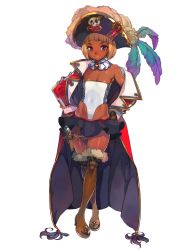 1girl bad_id bad_pixiv_id blonde_hair blue_eyes bob_cut boots breasts coat dark-skinned_female dark_skin f.s. feathers female_focus frills highleg knee_boots original overcoat pirate revealing_clothes skirt skull small_breasts solo strapless tan tassel
