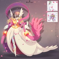 Rule 34 | 1girl, angewomon, armor, blonde hair, breastplate, covered eyes, creatures (company), digimoji, digimon, digimon (creature), dress, full body, fusion, game freak, gardevoir, gen 3 pokemon, helmet, helmet over eyes, highres, leoiruga, long hair, mega gardevoir, mega pokemon, nintendo, official art inset, pokemon, pokemon (creature), solo, white dress, winged helmet