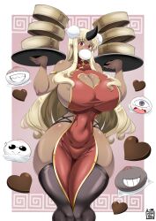 1girl absurdres bare_shoulders black_thighhighs blonde_hair breasts chinese_clothes cleavage cleavage_cutout clothing_cutout cowboy_shot dark-skinned_female dark_skin dress food heart_cutout highres horns huge_breasts long_hair monster_musume_no_iru_nichijou mouth_hold pointy_ears purple_background red_dress red_eyes revealing_clothes sideboob single_horn skindentation solo standing thighhighs tionishia tray virusotaku