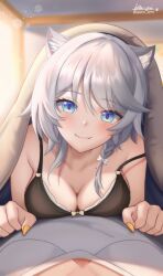 2girls absurdres animal_ear_fluff animal_ears bare_shoulders black_camisole blue_eyes breasts camisole cat_ears cat_girl cipher_(honkai:_star_rail) cleavage commentary english_commentary female_pov girl_on_top grey_hair grey_shirt highres honkai:_star_rail honkai_(series) ken-pai_(kenpai_arts) large_breasts looking_at_viewer multiple_girls on_bed pov shirt short_hair_with_long_locks small_breasts smile under_covers yellow_nails yuri