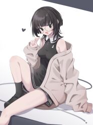 1girl :d alternate_costume bare_shoulders black-framed_eyewear black_dress black_eyes black_hair black_shoes black_socks blunt_bangs breasts brown_jacket choker collar collared_dress dress ear_piercing fang foot_out_of_frame glasses hand_up heart highres impossible_clothes impossible_dress jacket jewelry knee_up long_sleeves looking_at_viewer mary_janes medium_breasts medium_hair multiple_piercings off_shoulder open_clothes open_jacket open_mouth piercing round_eyewear satoh_vrc shinano_(vrchat) shoes short_dress short_hair simple_background sitting sleeveless sleeveless_dress sleeves_past_fingers sleeves_past_wrists smile socks solo two-tone_background v vrchat white_background white_choker white_collar