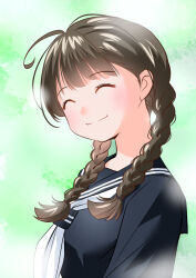 Rule 34 | 1girl, ahoge, black hair, black sailor collar, black serafuku, black shirt, braid, closed eyes, closed mouth, green background, hair over shoulder, long sleeves, neckerchief, original, sailor collar, school uniform, serafuku, shirt, smile, solo, twin braids, upper body, white neckerchief, yamanaka kouji (yanchiki2001)