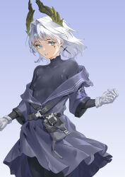 Rule 34 | 1girl, absurdres, arknights, black pantyhose, black shirt, blue eyes, breasts, chinese commentary, commentary request, covered collarbone, covered erect nipples, cowboy shot, cross, cross earrings, dress, earrings, gloves, gradient background, grey gloves, hair intakes, highres, hundun hdun, irene (arknights), irene (the adjudicatrix and her resolve) (arknights), jewelry, latin cross, looking at viewer, medium breasts, medium hair, off shoulder, official alternate costume, pantyhose, parted lips, partial commentary, purple background, purple dress, purple sailor collar, sailor collar, scar, scar across eye, scar on face, shirt, solo, standing, turtleneck, turtleneck shirt, white hair