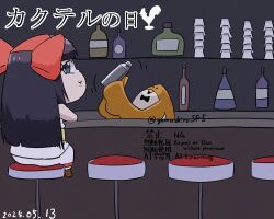 Rule 34 | 1girl, ainu clothes, artist name, ass, bar (place), black hair, chibi, dated, drink, fingerless gloves, gloves, grey eyes, hair ribbon, japanese text, long hair, looking at viewer, looking back, mamahaha, nakoruru, pants, ribbon, samurai spirits, sitting, smile, snk, the king of fighters, translation request
