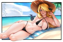 1girl artist_name beach beach_towel bikini black_bikini blonde_hair blue_sky breasts cleavage closed_mouth cloud cynthia_(pokemon) day elbow_rest garchomp gen_4_pokemon grey_eyes hair_ornament hair_over_one_eye hat highres large_breasts lips looking_at_viewer lying navel nintendo ocean on_side outdoors palm_tree pokemon pokemon_(creature) pokemon_dppt r0ckystar sky solo_focus stomach straw_hat swimsuit thighs towel tree