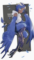 Rule 34 | 1girl, artist name, bird legs, black background, blue eyes, blue feathers, blue hair, blue wings, blush, claws, commentary, cropped hoodie, dark-skinned female, dark skin, english commentary, feathered wings, feathers, harpy, highres, hood, hood down, hoodie, monster girl, open mouth, original, short hair, simple background, sleeveless, sleeveless hoodie, solo, taiga (klm1511), talons, two-tone background, white hoodie, winged arms, wings