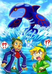 2boys ascot belt blonde_hair blue_jacket blue_sky blue_vest brown_belt creatures_(company) crossover day game_freak gen_3_pokemon green_headwear green_pants green_shirt green_tunic highres jacket kyogre legendary_pokemon linebeck link multiple_boys navi nintendo open_clothes open_jacket open_mouth orenzi123 outdoors pants pointy_ears pokemon pokemon_(creature) red_ascot shirt short_hair sky speech_bubble splashing surprised teeth the_legend_of_zelda the_legend_of_zelda:_phantom_hourglass toon_link tunic upper_teeth_only vest water