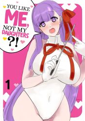 1girl bare_shoulders bb_(fate) bb_(swimsuit_mooncancer)_(fate) bb_(swimsuit_mooncancer)_(third_ascension)_(fate) blush breasts english_text fate/grand_order fate_(series) gloves hair_ribbon highleg highleg_leotard highres large_breasts leotard long_hair looking_at_viewer neck_ribbon open_mouth pointer purple_eyes purple_hair raskasar red_ribbon ribbon solo speech_bubble very_long_hair white_gloves white_leotard